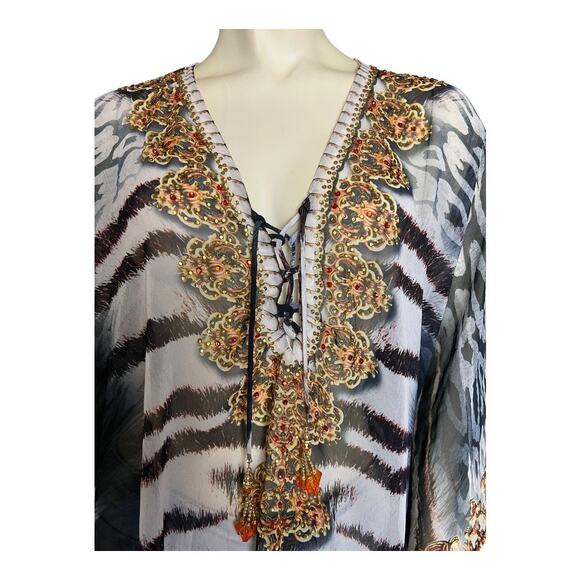 Akaru XL Caftan Cover Up Sheer Swim Beach Cruise Summer Dress Beaded - Picture 2 of 12